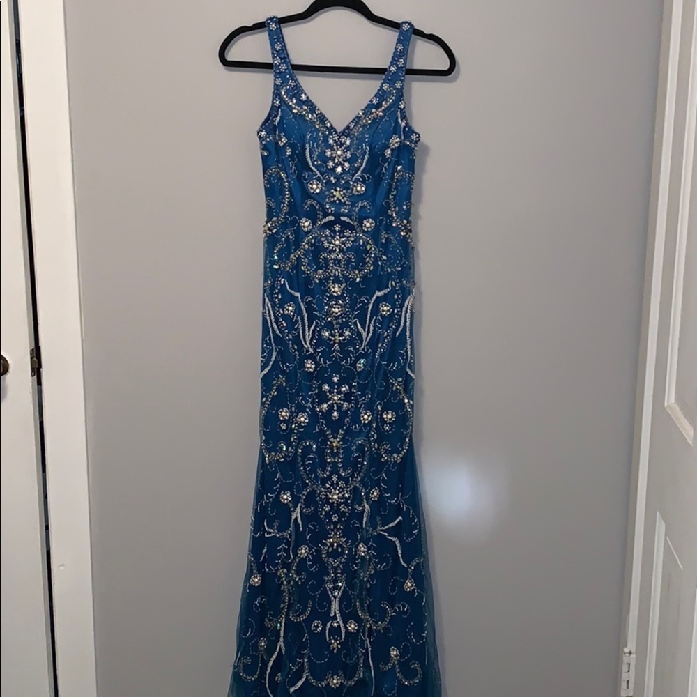 Prussian blue beaded formal dress